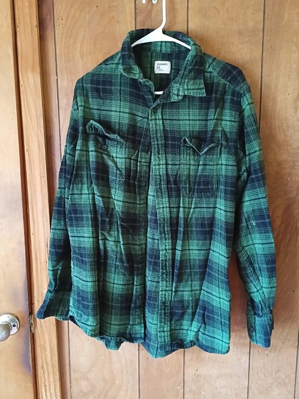 Old Navy Men's Green Plaid Flannel Shirt Size L Long Sleeve 100% Cotton